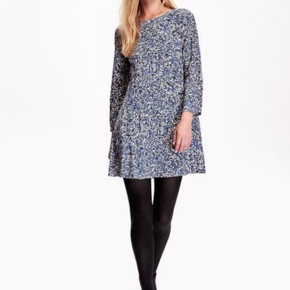 Old Navy Womens  Long Sleeve Woven Swing Dress Blue Paisley Cottage Flir…